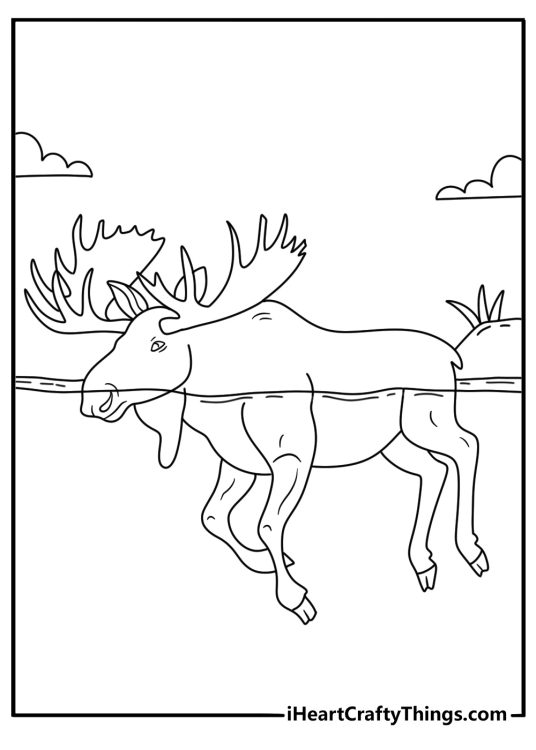 Free printable of a moose swimming across a quiet lake