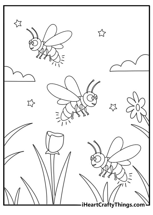 Free printable of firefly glowing above summer meadow at night