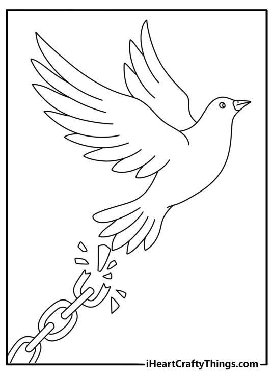 Free printable peace design featuring a broken chain beneath flying birds