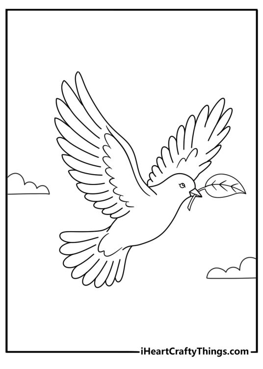 Free printable peace sheet featuring a dove carrying a small leaf