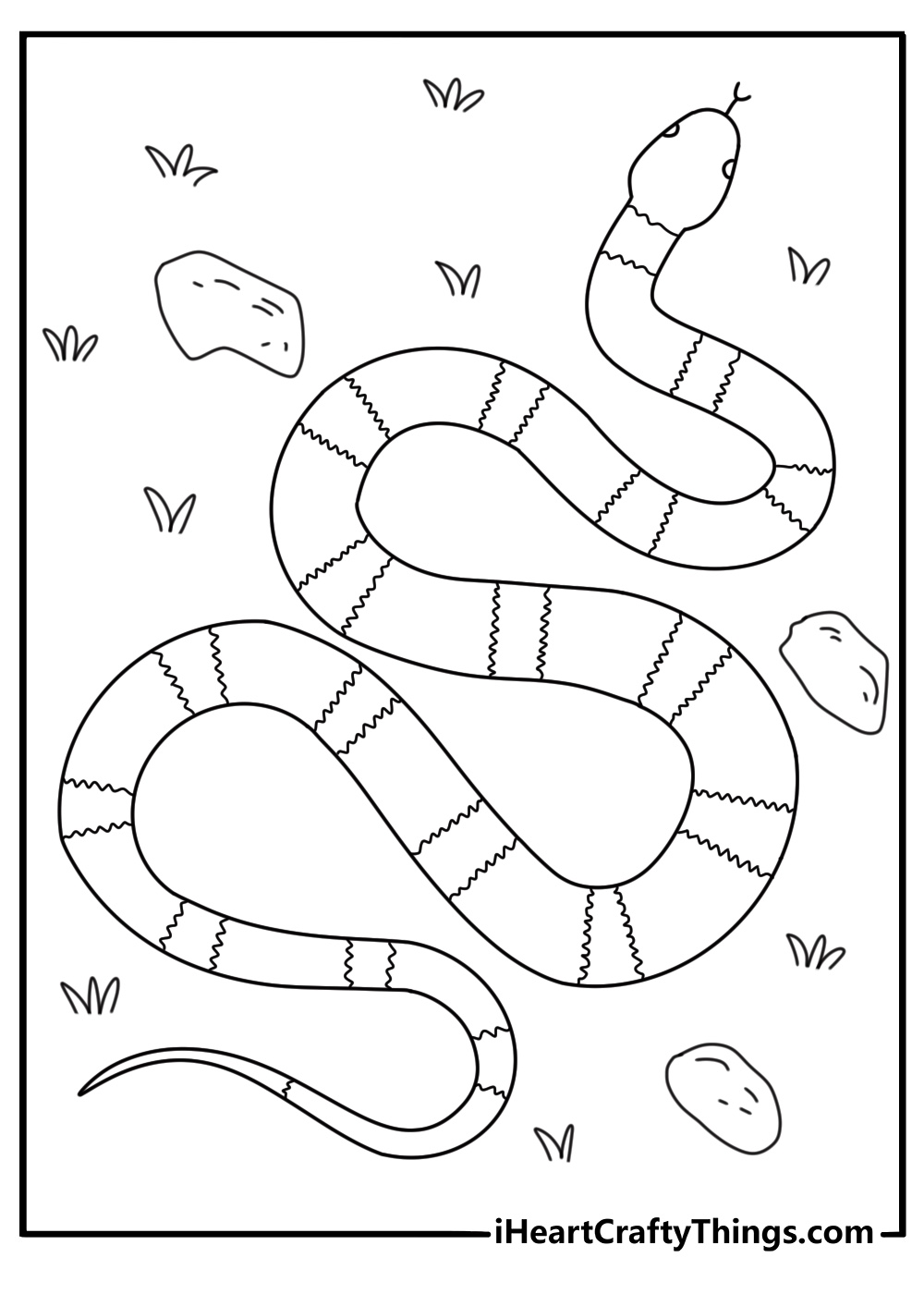 Free printable snake sheet showing a milk snake crossing a forest trail