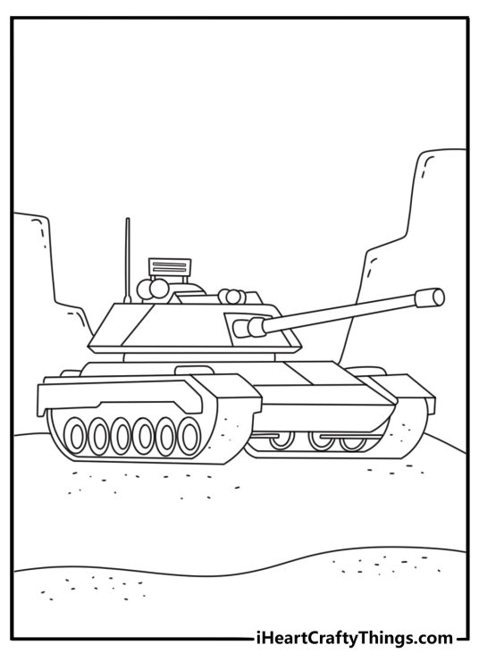 Free printable tank coloring sheet with a tank rolling through desert dunes