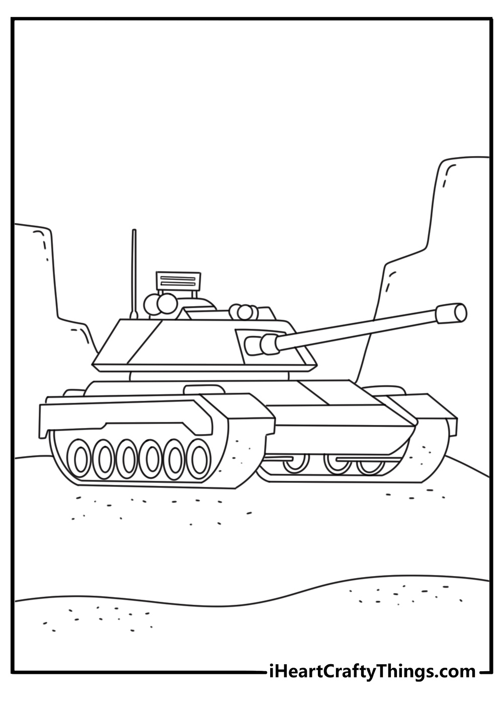 Free printable tank coloring sheet with a tank rolling through desert dunes