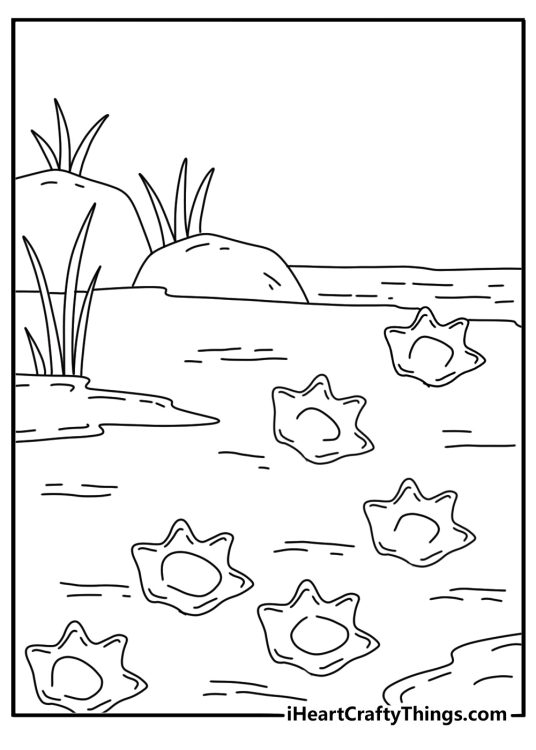 Free printable triceratops coloring page with footprints leading to reeds
