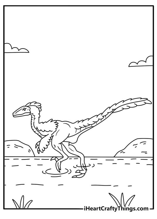 Free printable velociraptor coloring sheet with a raptor crossing a shallow stream