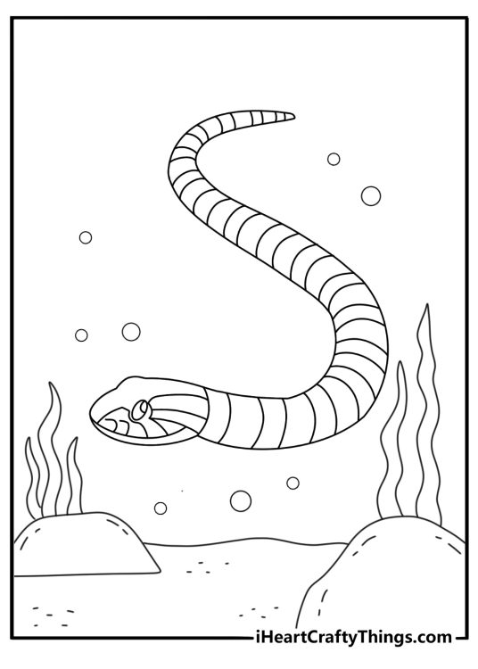 Free snake coloring page featuring a sea snake near coral plants