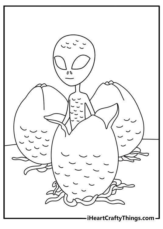 Free space coloring sheet showing an alien hatching from a large egg