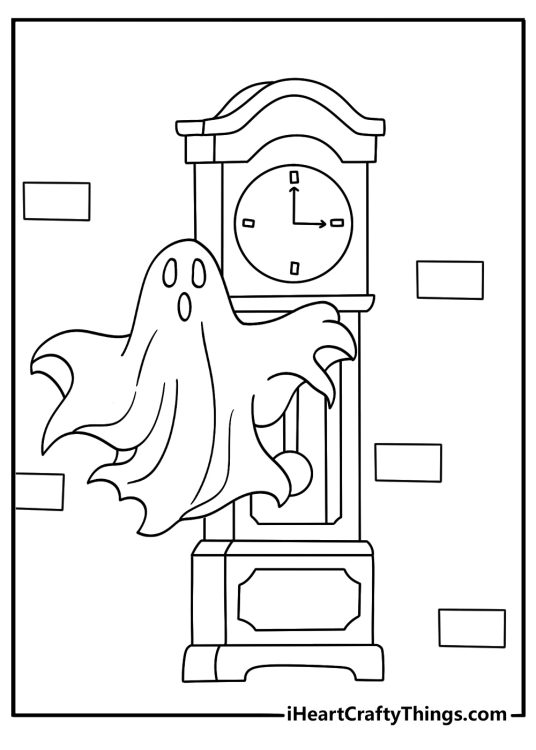 Free spooky printable featuring a ghost near a tall grandfather clock