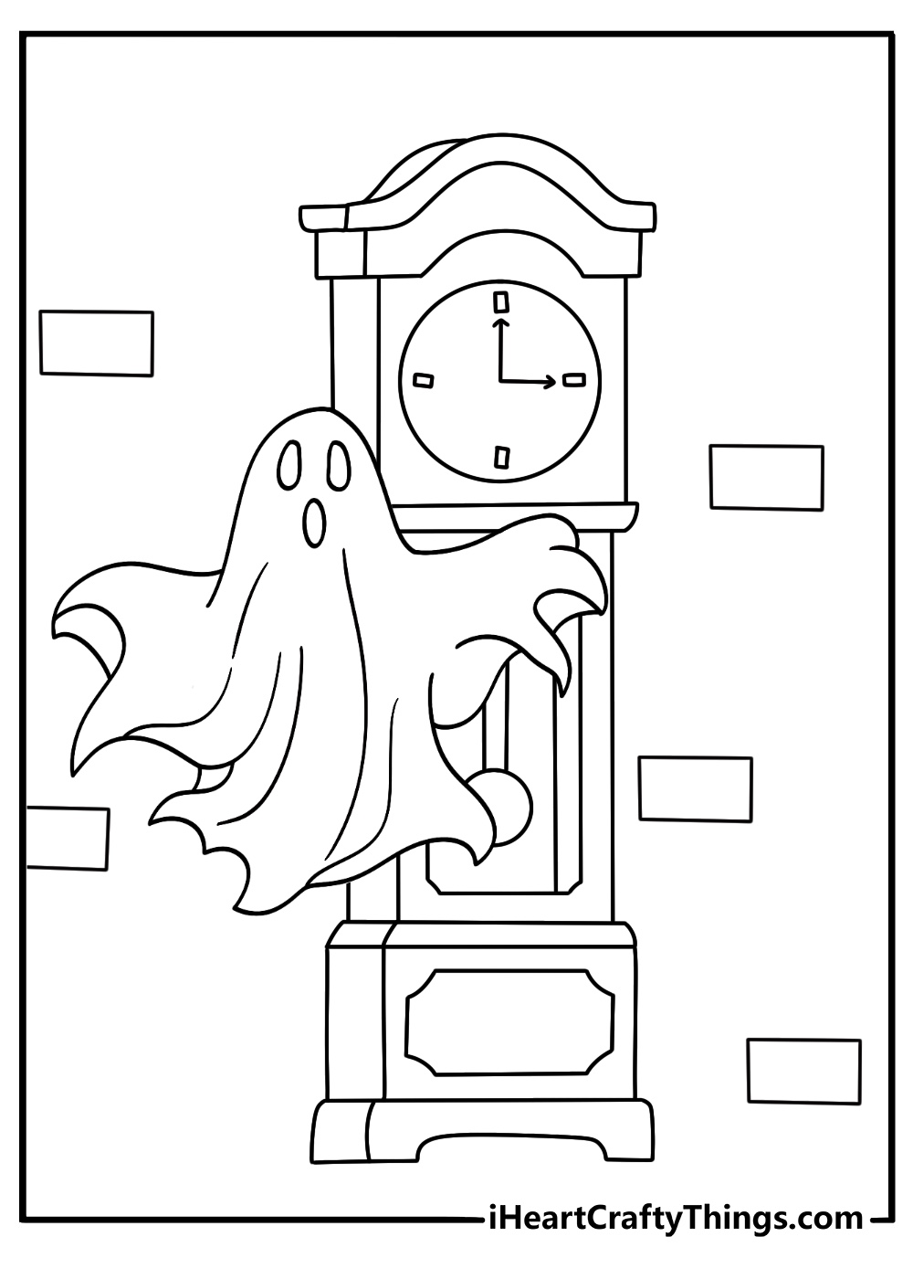 Free spooky printable featuring a ghost near a tall grandfather clock