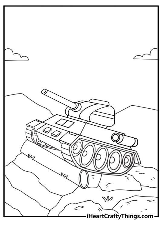 Free tank coloring pages printable with a tank near a training obstacle course