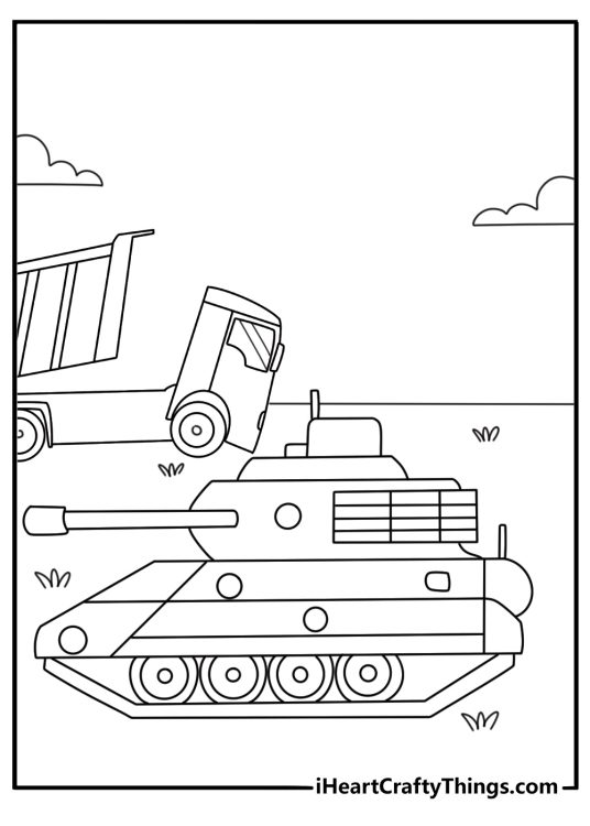 Free tank printable of a tank parked beside a repair truck