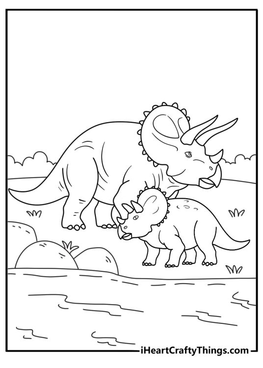 Free triceratops coloring page featuring a family near a riverbank