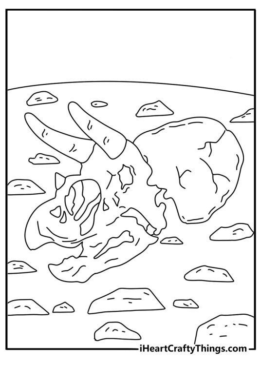 Free triceratops printable featuring three horns beside fossil bones