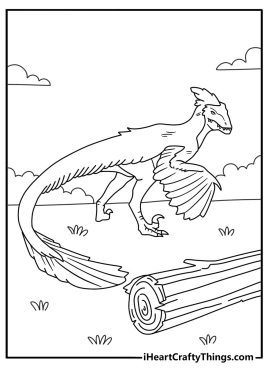 Free velociraptor coloring pages printable with a raptor near a fallen log