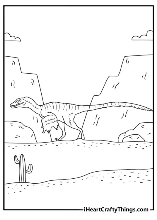 Free velociraptor printable of a feathered raptor near desert rocks