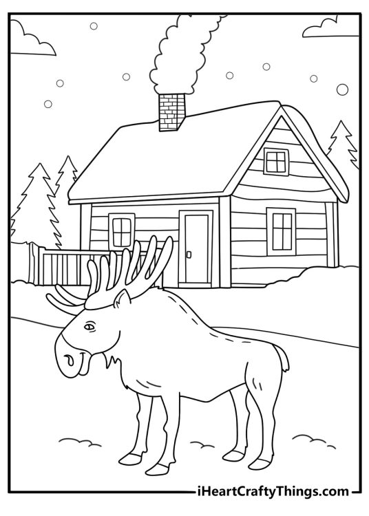 Free wildlife coloring sheet featuring a moose beside a wooden cabin