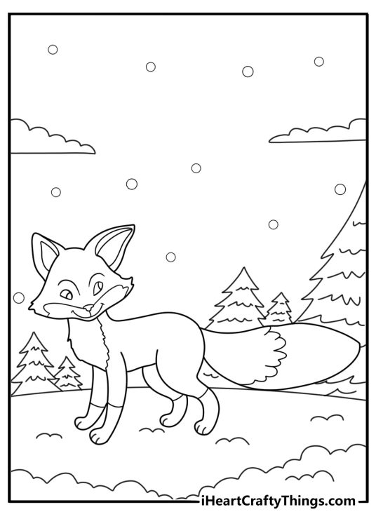 Friendly fox walking through quiet January forest coloring page