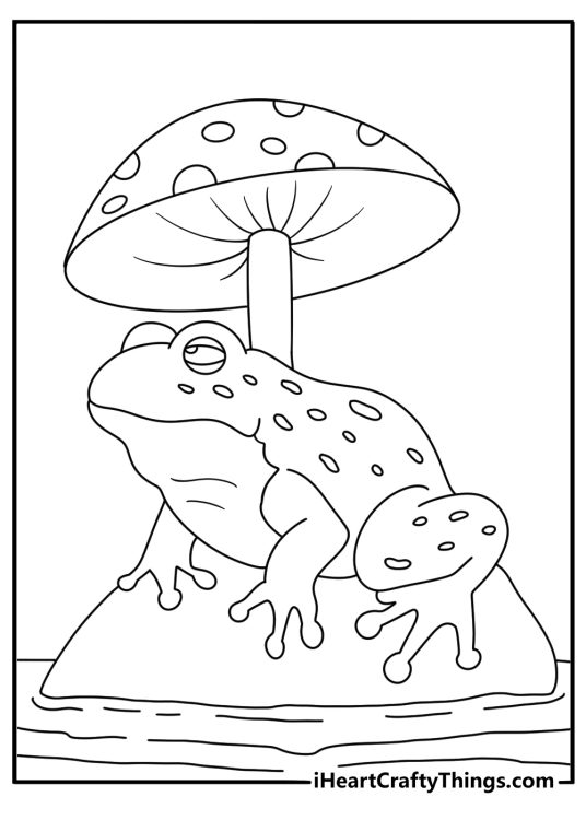 Frog coloring pages scene with a frog hiding under a mushroom