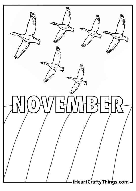 Frosted outline November letters with migrating geese V shape bare field and early snowflakes simple coloring page pdf