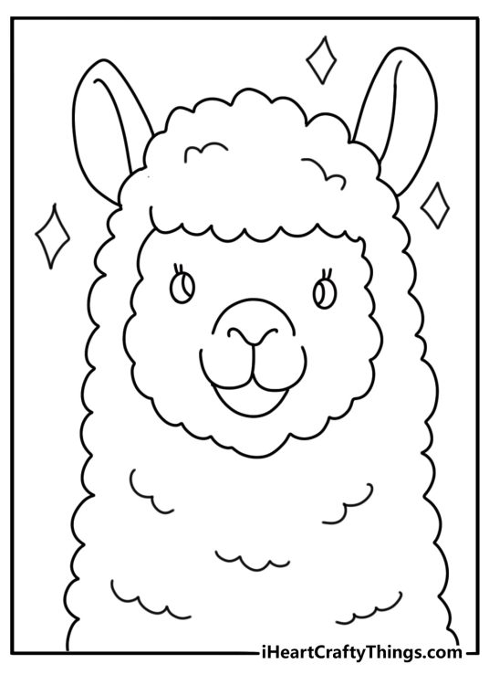 Fun kawaii llama face closeup coloring page for kids