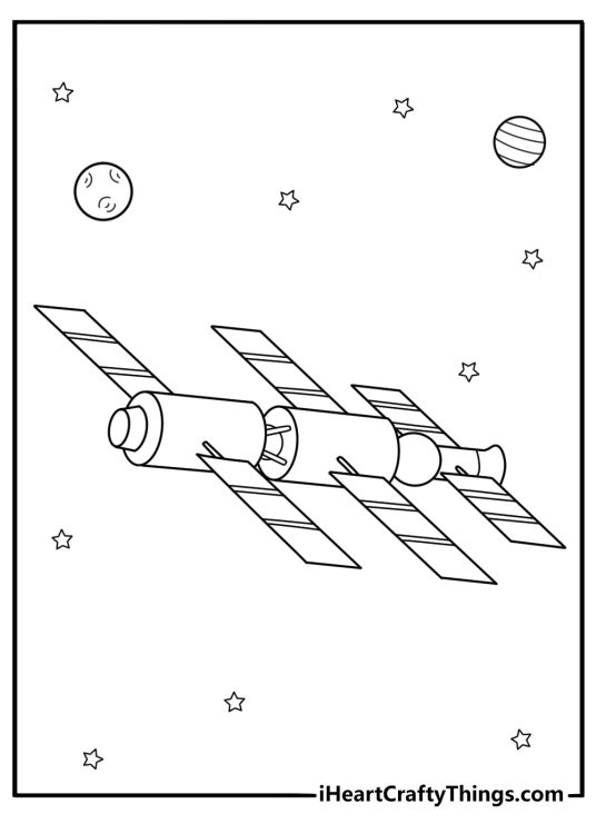 Futuristic cargo spaceship docking at space station advanced coloring sheet