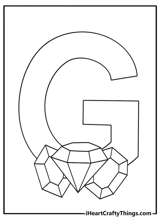 G is for gem coloring page with shiny gemstones under the letter