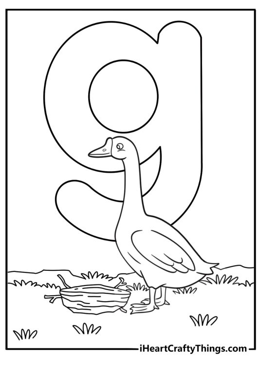 G is for goose coloring page with a nest near a lowercase g