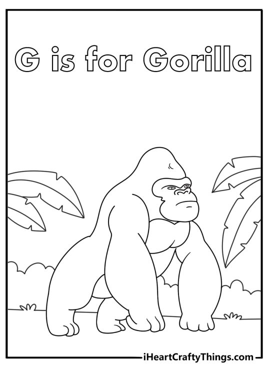 G is for gorilla coloring page with a gorilla beside jungle leaves
