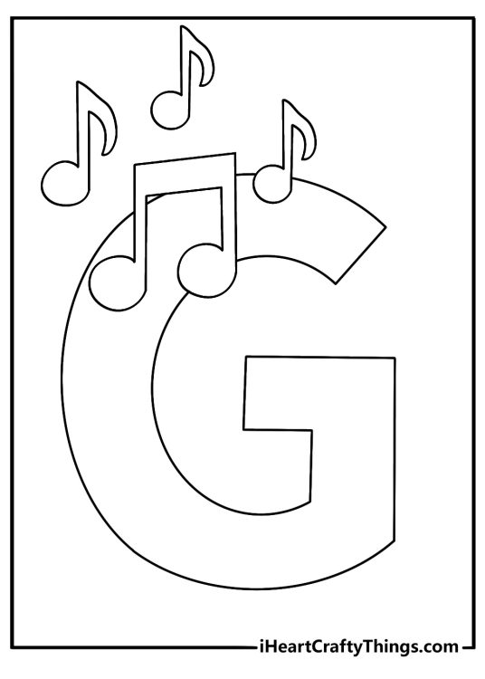 G is for guitar coloring page with music notes around a large G