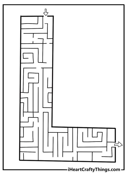 Geometric coloring page maze of isometric paths made from rectangles and L shapes