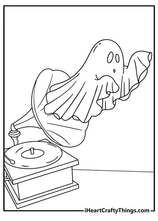 Ghost coloring page featuring a floating figure beside an antique phonograph