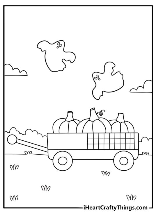 Ghost coloring page for kids featuring a spirit near a pumpkin cart