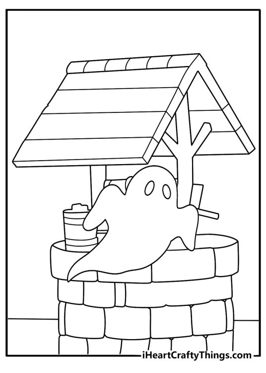 Ghost coloring page showing a spirit floating above an old well
