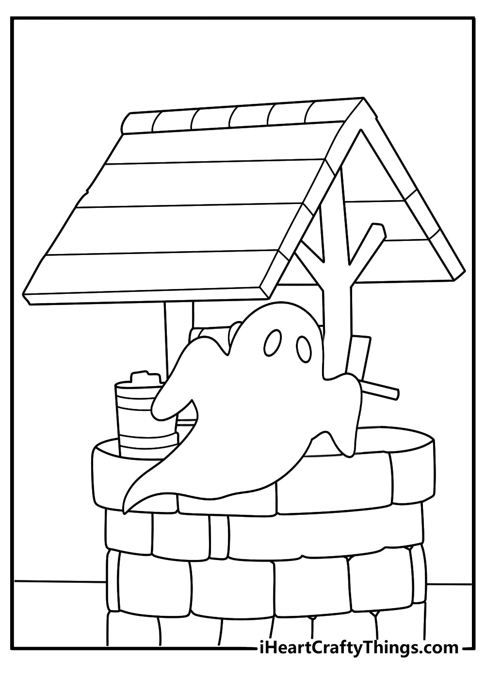 Ghost coloring page showing a spirit floating above an old well