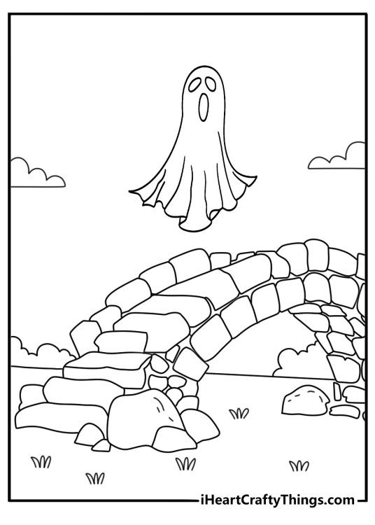 Ghost coloring pages include a spirit floating above a stone bridge