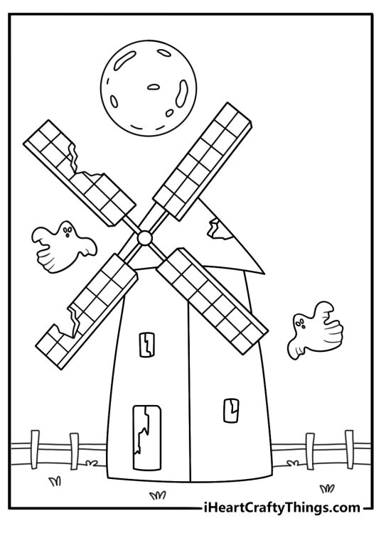Ghost coloring pages printable featuring a spirit near an old windmill