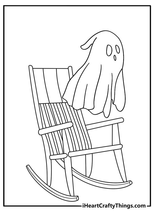 Ghost coloring pages scene showing a figure beside a creaky rocking chair