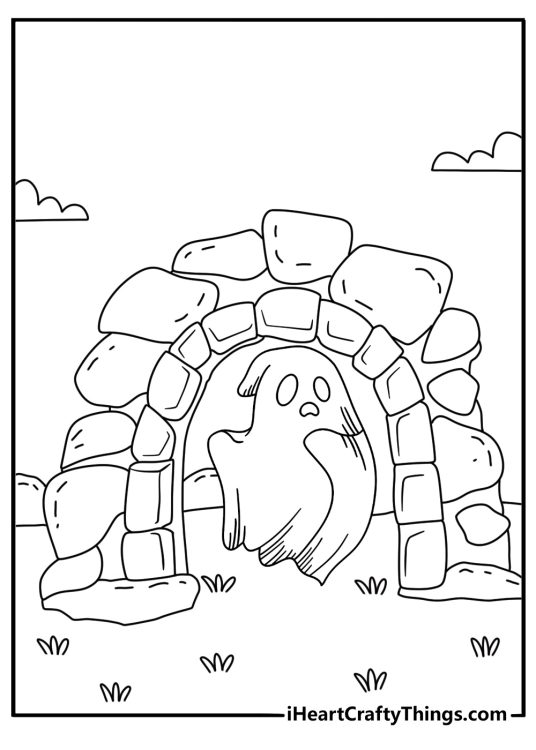 Ghost coloring sheet for kids featuring a spirit near a stone archway