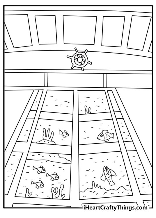 Glass bottom boat showing fish under water fun coloring page