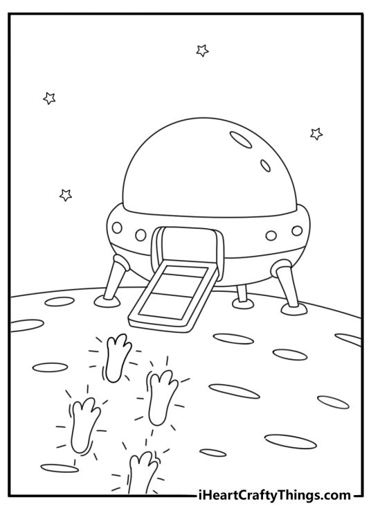 Glowing footprints lead toward a spacecraft in this mysterious coloring sheet