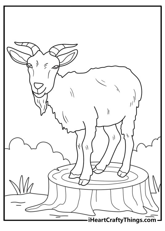 Goat standing on tree stump Farm Animal coloring page