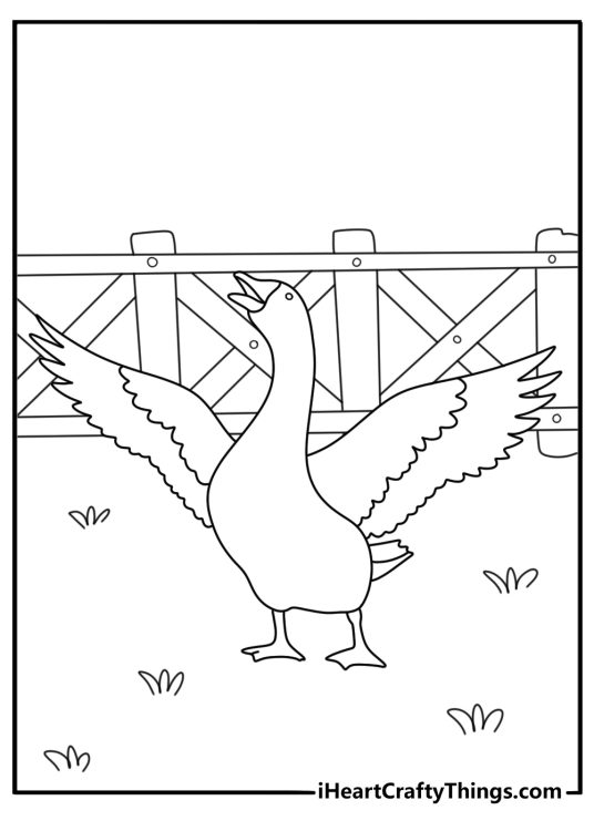 Goose guarding the yard with open wings detailed coloring page