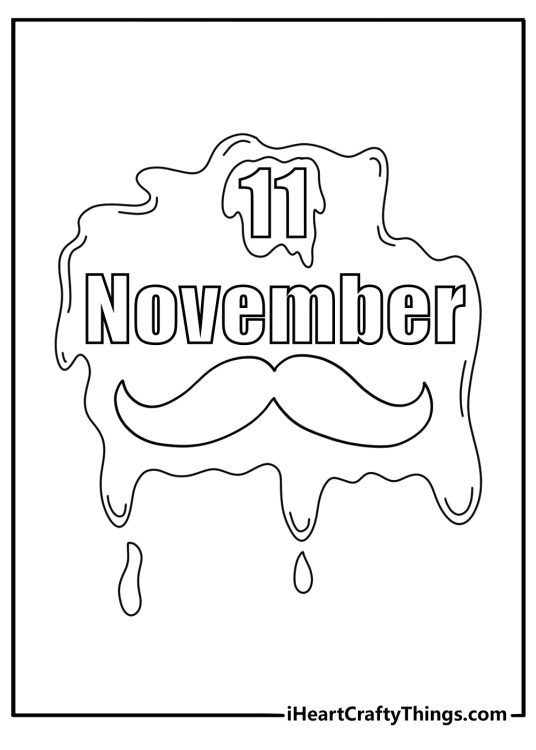 Graffiti style November block letters with movember moustache icons and calendar 11 badge easy coloring page for kids