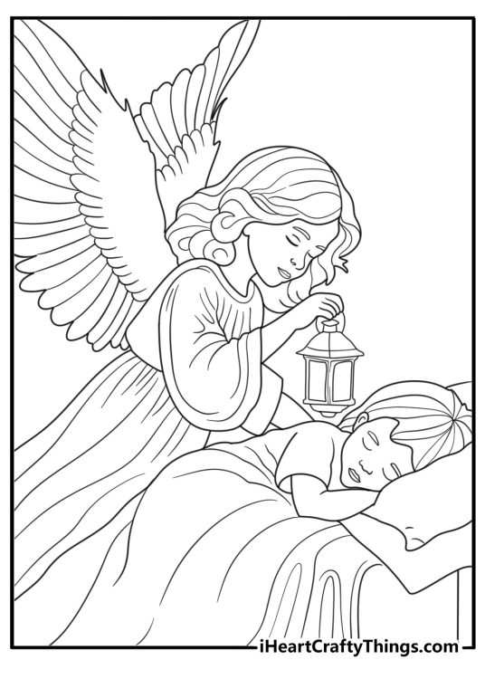 Guardian angel watching over a sleeping child printable coloring page