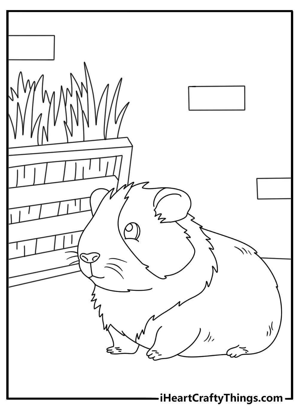 Guinea Pig coloring page showing a pet beside a wooden hay rack