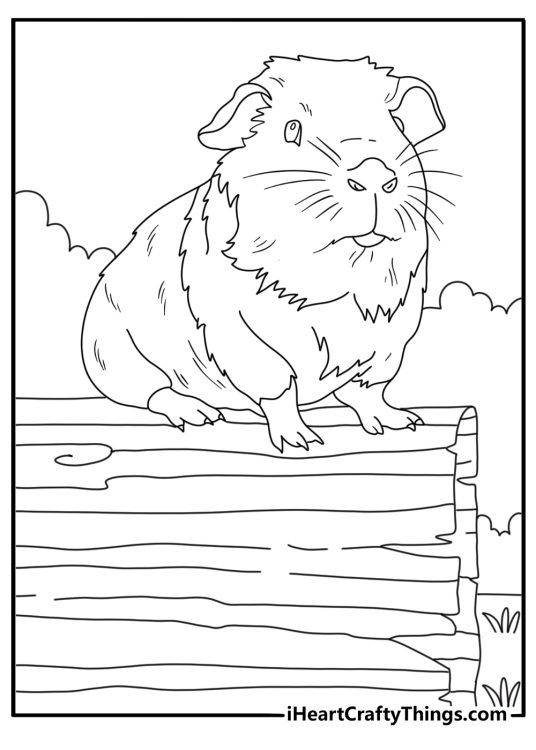 Guinea pigs coloring page featuring a playful guinea pig sitting on a log in the forest