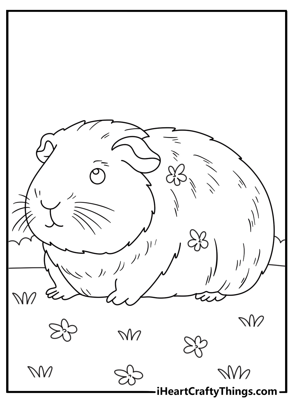 Guinea pigs coloring printable featuring very stylish cartoony guinea pig with a flower tucked into its fur