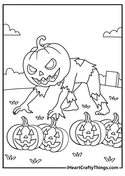 Halloween monster coloring page with a creature creeping near carved pumpkins