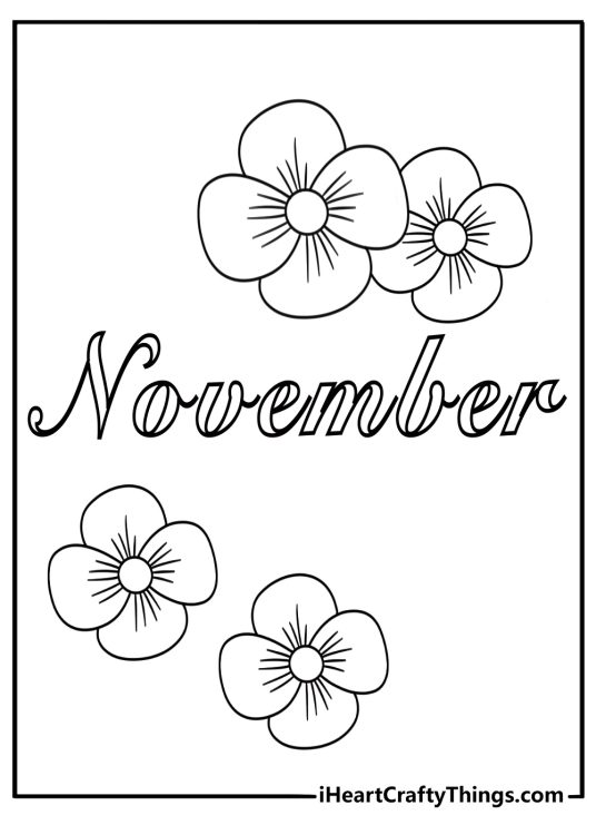 Hand drawn November calligraphy letters with red poppy remembrance day and gentle doves detailed coloring sheet for adults