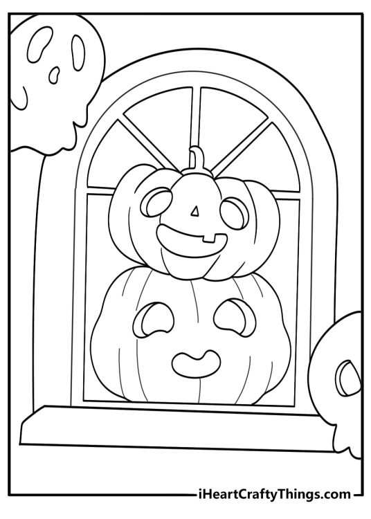 Haunted house window scene Jack O Lantern coloring sheet with pumpkin peeking from the sill
